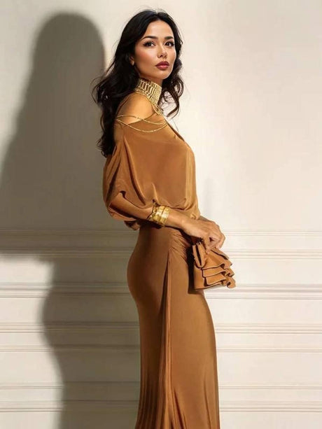 Aurohaya Oblique Collar Off-Shoulder Pleated Maxi Dress