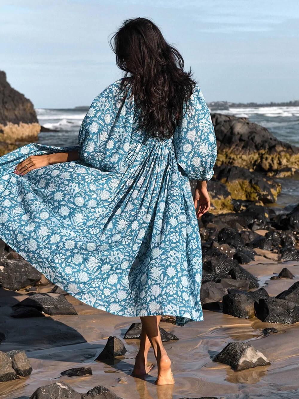 Aurohaya Floral Balloon Sleeve Midi Dress