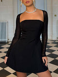 Flash Mesh Long Sleeve Back Lace-Up Mini Dress