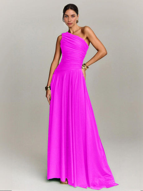 Aurohaya Elegant Draped One Shoulder Cocktail Maxi Dress Rose Red