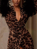 Leopard-Print Feather Stitching Long-Sleevd Tie Nightgown