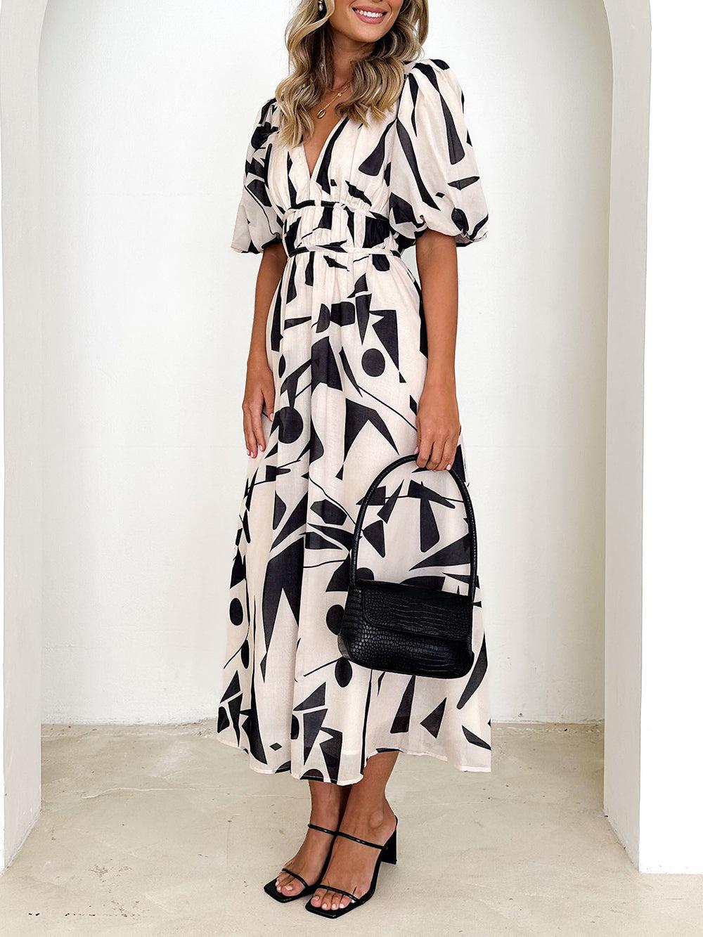 Aurohaya Sakura Midi Dress - Beige Geo