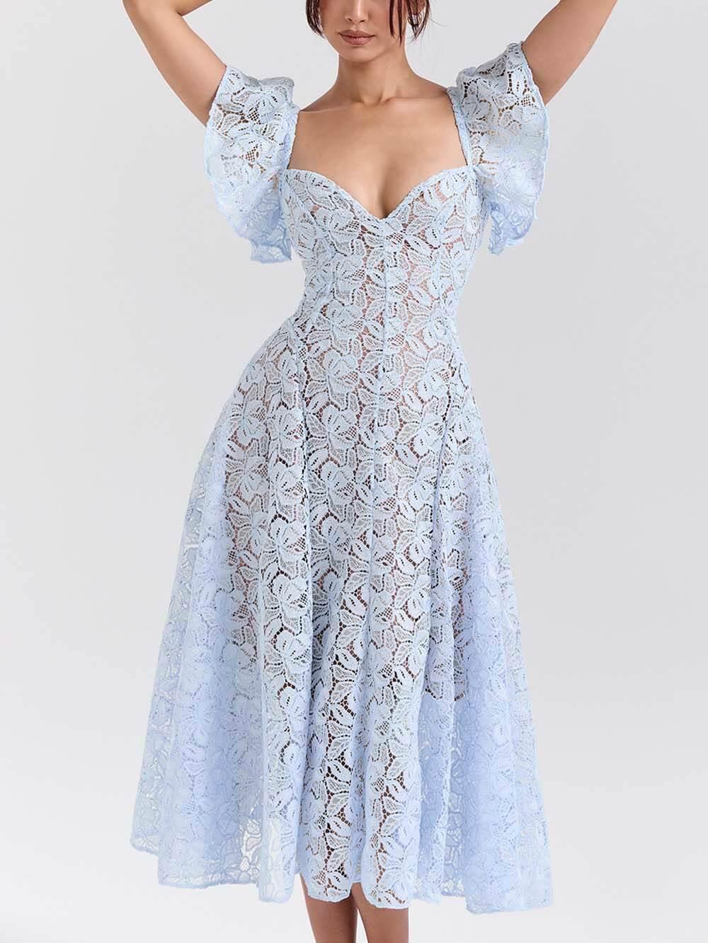 Aurohaya Romantic Bluebell Lace Butterfly Sleeve Sweetheart Neck Stretch Midi Dress