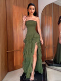 Aurohaya Tube Top Multi-layer Ruffled Side Slit Maxi Dress Green