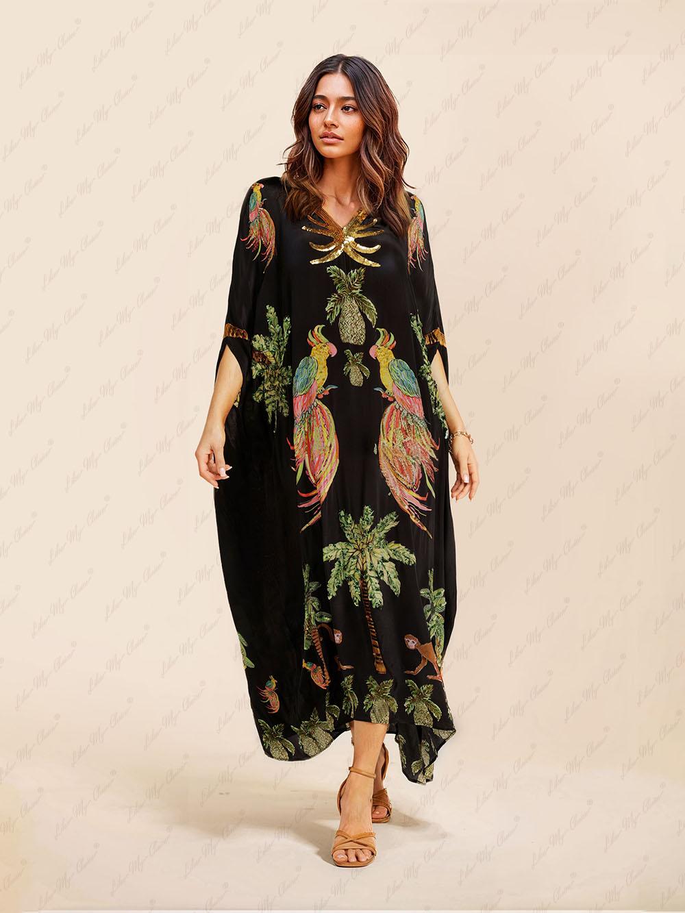 Aurohaya Unique Drop Shoulder Sleeve Coconut Tree Printed Dress Black