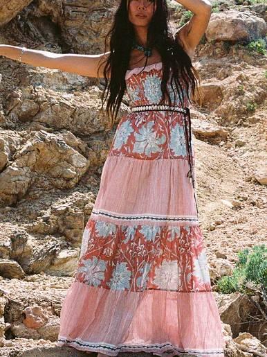 Aurohaya Vacation Style Floral-Print Suspender Dress