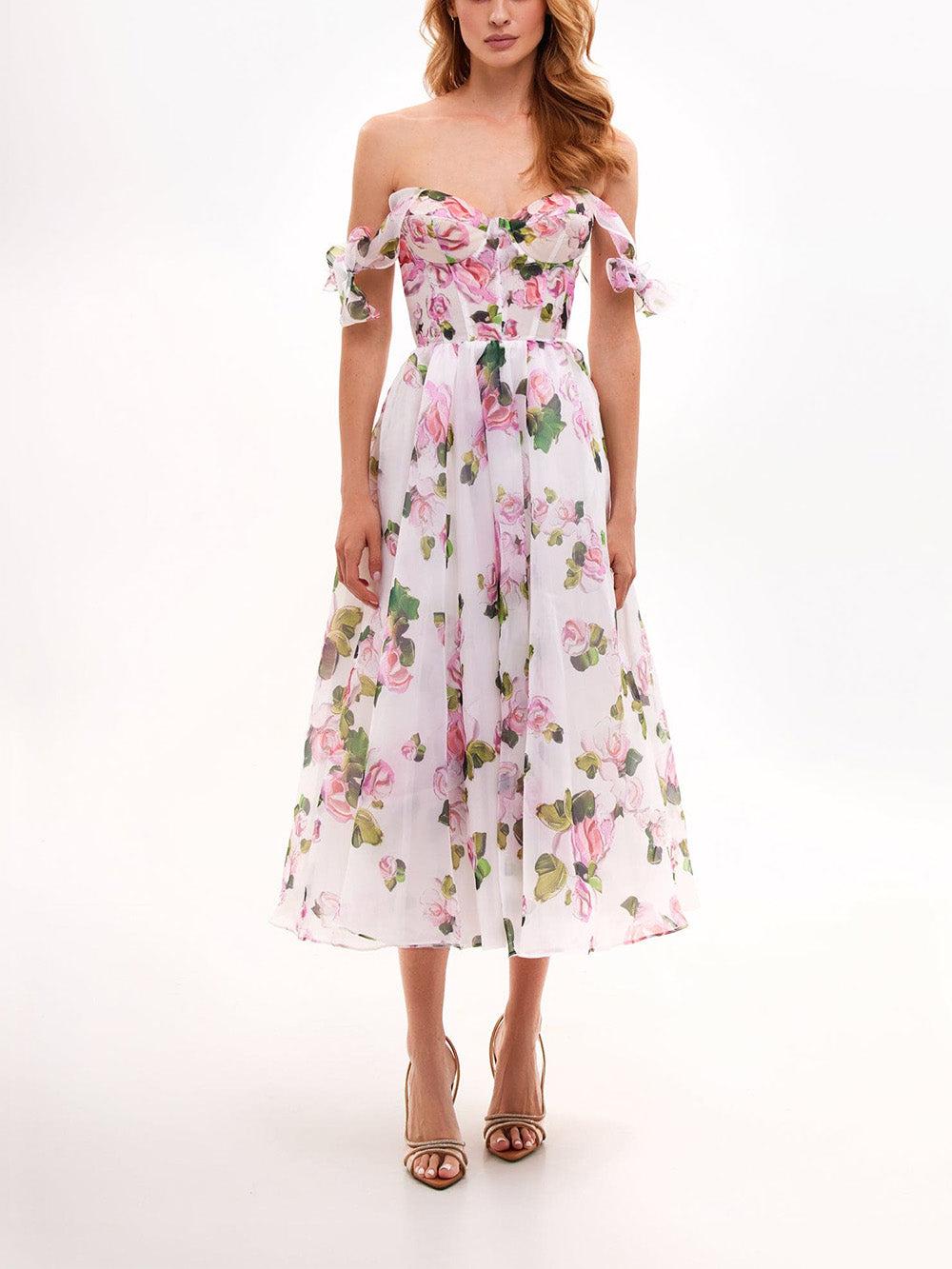 Aurohaya Tender Floral Midi Tie-strap Dress Pink