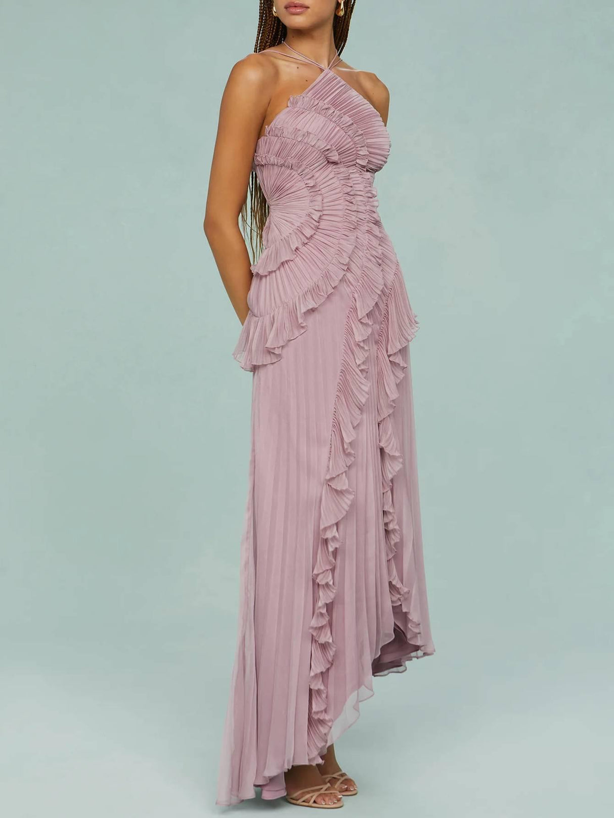 Aurohaya Halter Neck Pleated Backless Dress