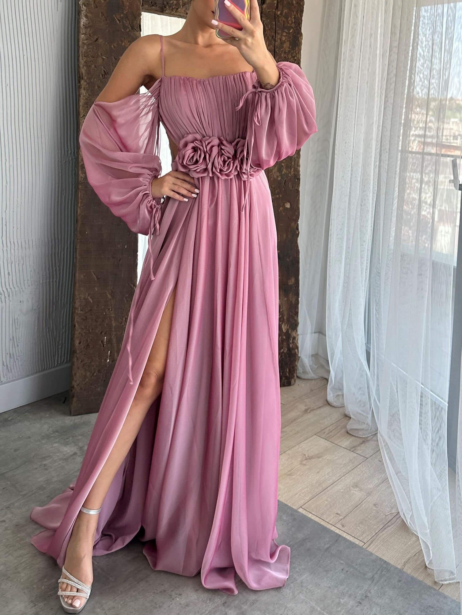 Aurohaya Drawstring Puff Sleeve Dress With Floral Detailing