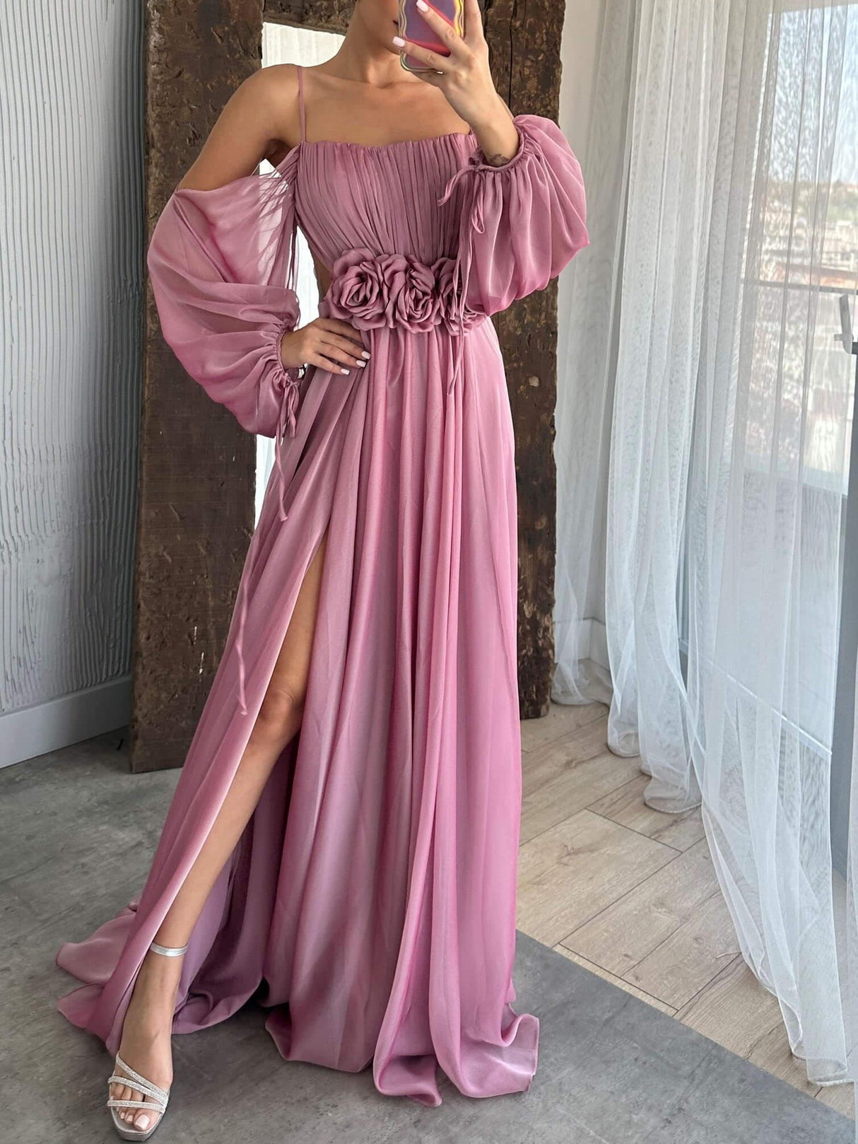 Aurohaya Drawstring Puff Sleeve Dress With Floral Detailing