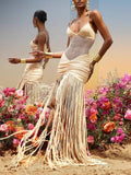 Mesh Pleated Hip-Wrap Tassel Maxi Dress