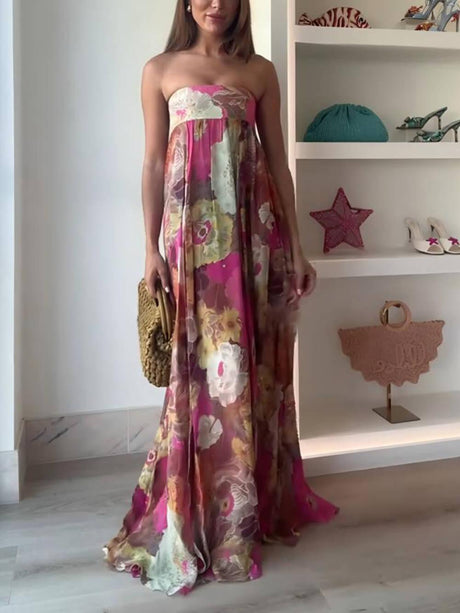 Aurohaya Ethnic Floral Print Off Shoulder A-line Maxi Dress Red