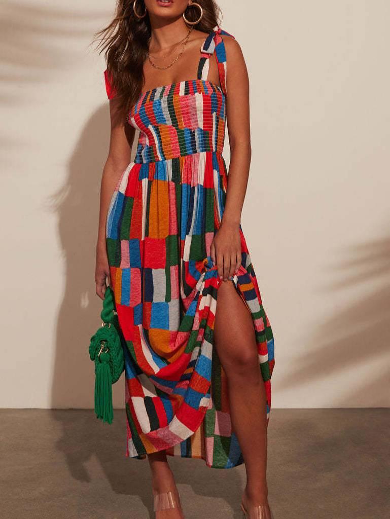 Aurohaya Rainbow Suspender Print Dress