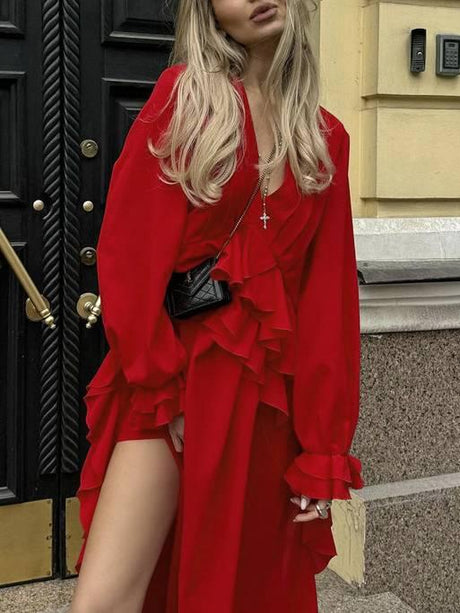 Aurohaya V-neck Ruffled Long-sleeve Dress