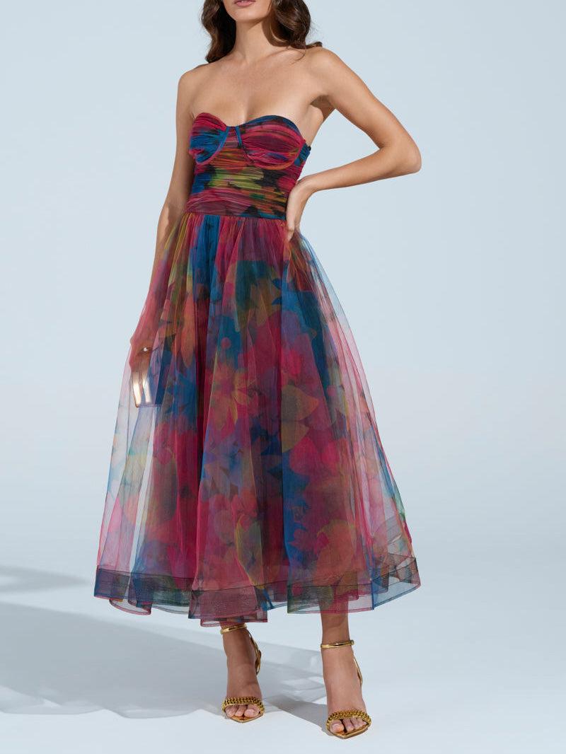 Aurohaya Elegant Fantasy Tulle Floral Print Midi Dress