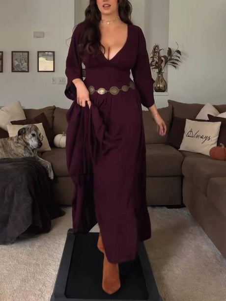 Aurohaya Vacation Style V-neck A- Line Maxi Dress (Belt Not Included)