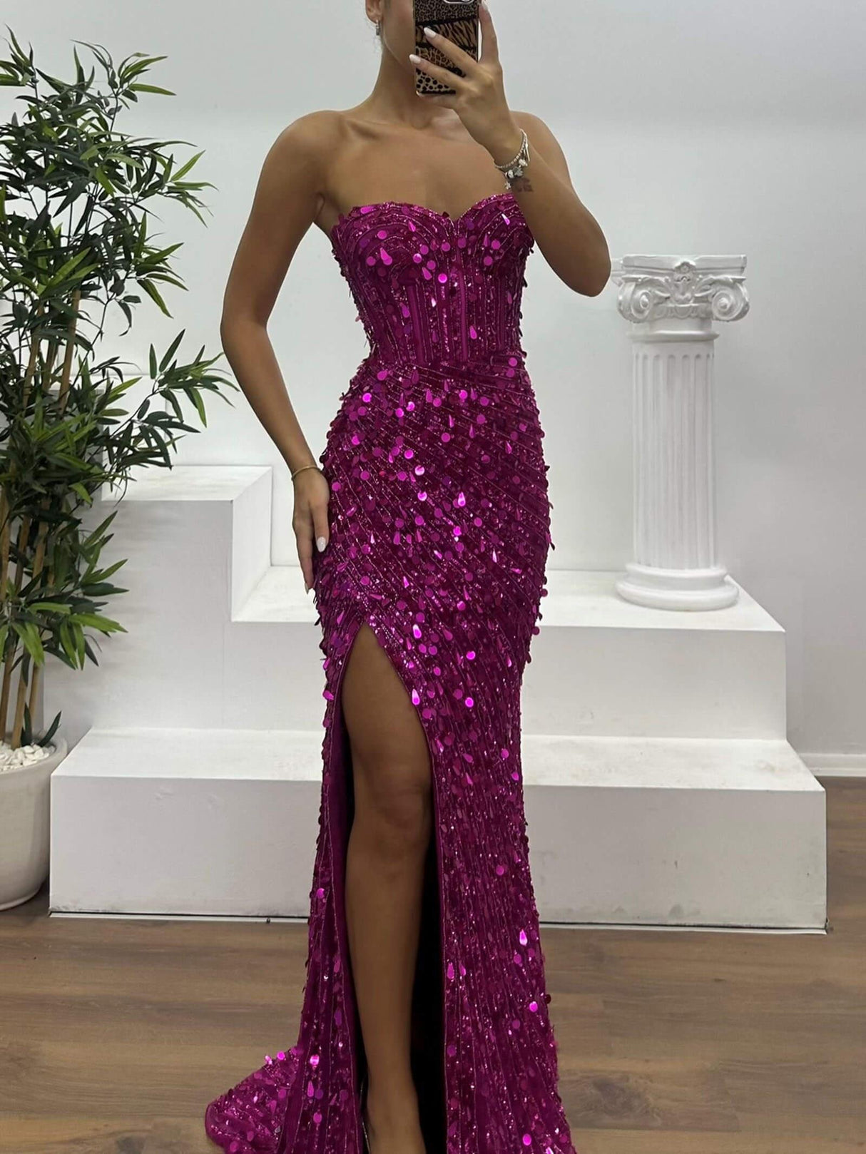 Aurohaya Off-The-Shoulder Sequined Side-Slit Gown Dress