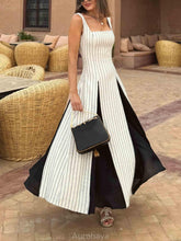 Aurohaya Elegant Pinstripe Paneled Flared Maxi Dress Black