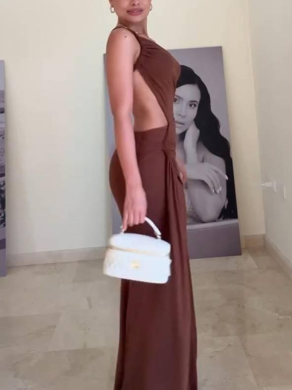 Aurohaya Unique Asymmetric Design Waist Hollow Backless Maxi Dress