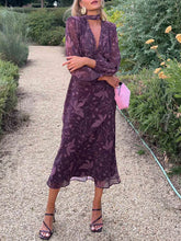 V-Neck Pleated Puff Sleeve Printed Dress