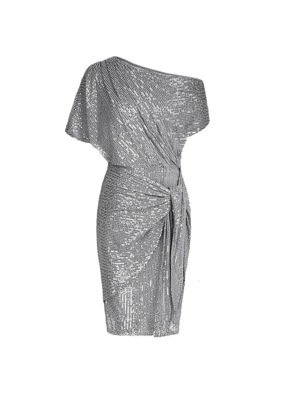 Aurohaya Elegant Sequined Asymmetrical Off-the-shoulder Mini Dress Silver