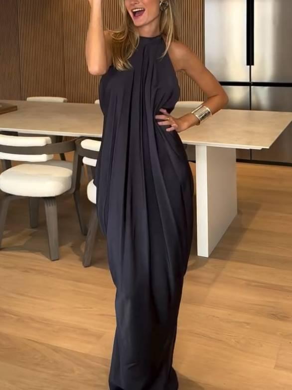 Aurohaya Minimalist Halter Neck Backless Maxi Dress
