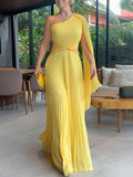 Aurohaya Elegant Flowing Pleated Off-the-Shoulder Maxi Dress Yellow