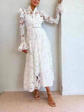 Aurohaya Elegant Hollow Lace Trumpet Sleeve Party Evening Gown Maxi Dress