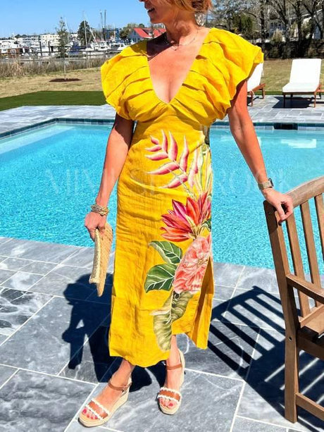 Aurohaya V-neck Pleated Print Dress