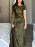 Elegant Irregular-sleeve Pleated Satin Maxi Dress