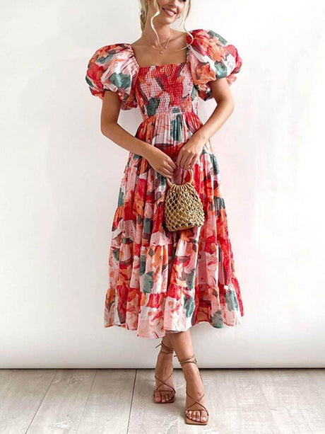 Aurohaya Floral Printed Smocked Tiered Fit Flare Midi Dress Red