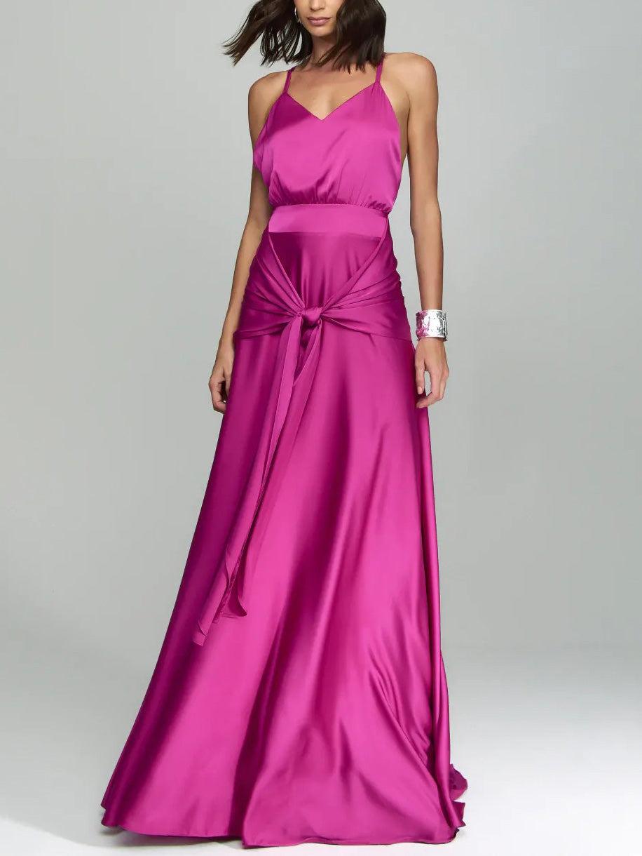 Aurohaya Elegant V-Neck Satin Tie-Waist Floor-Length Slip Dress Rose Red