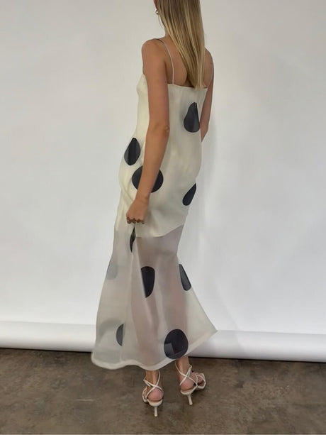 Aurohaya Elegant Mesh Stitching Polka Dot Print Off-Shoulder Suspender Maxi Dress
