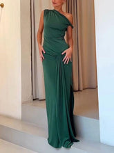 Aurohaya Elegant Asymmetric Neckline Satin Knit Pleated Maxi Dress Green