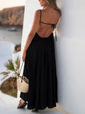 Aurohaya Casual Open Back Drawstring Elastic Waist Maxi Dress Black