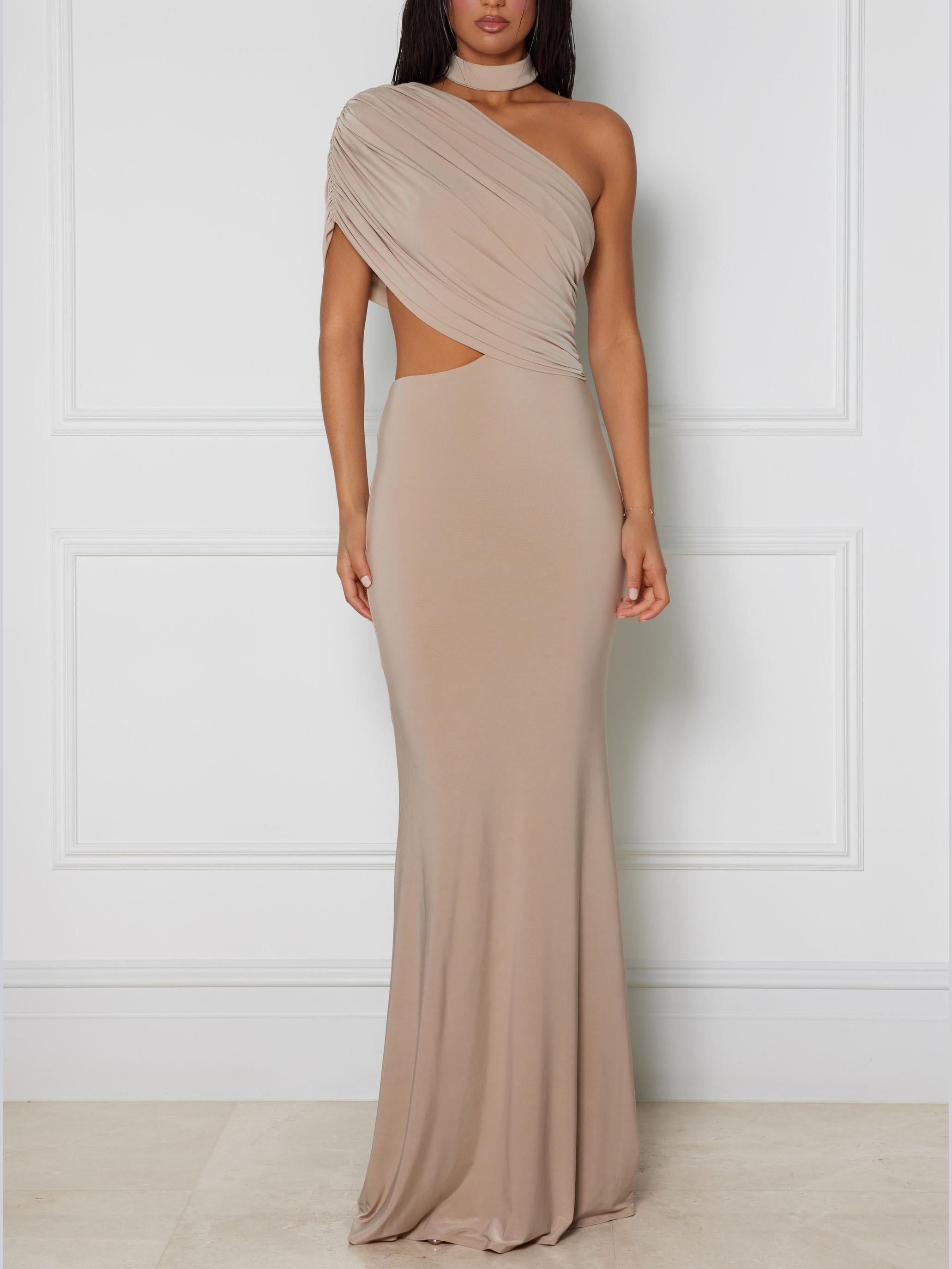 Aurohaya Elegant One-Shoulder Cutout Draped Maxi Dress Light Brown