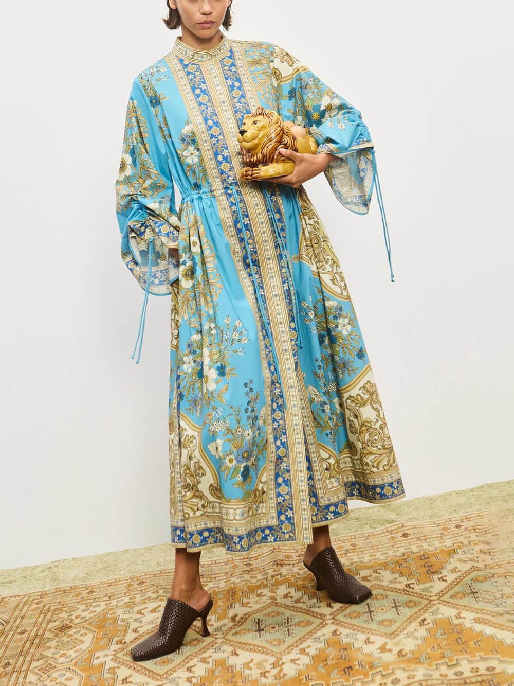 Aurohaya Unique Effortless Floral Print Cuffs Waist Drawstring Loose Shirt Silhouette Dress