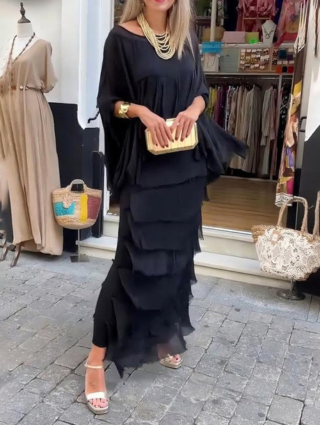 Aurohaya Elegant Layered Asymmetrical Ruffled Cape Maxi Dress Black