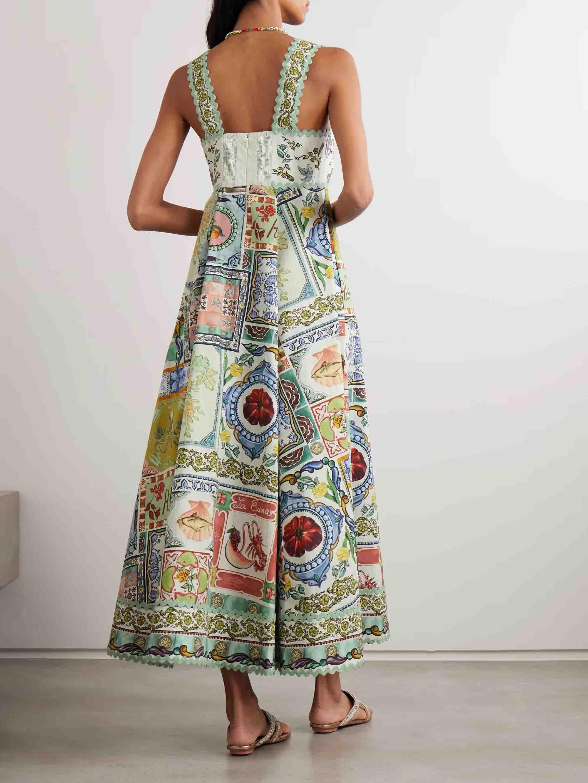 Aurohaya Elegant Square Neck Printed A-Line Midi Dress