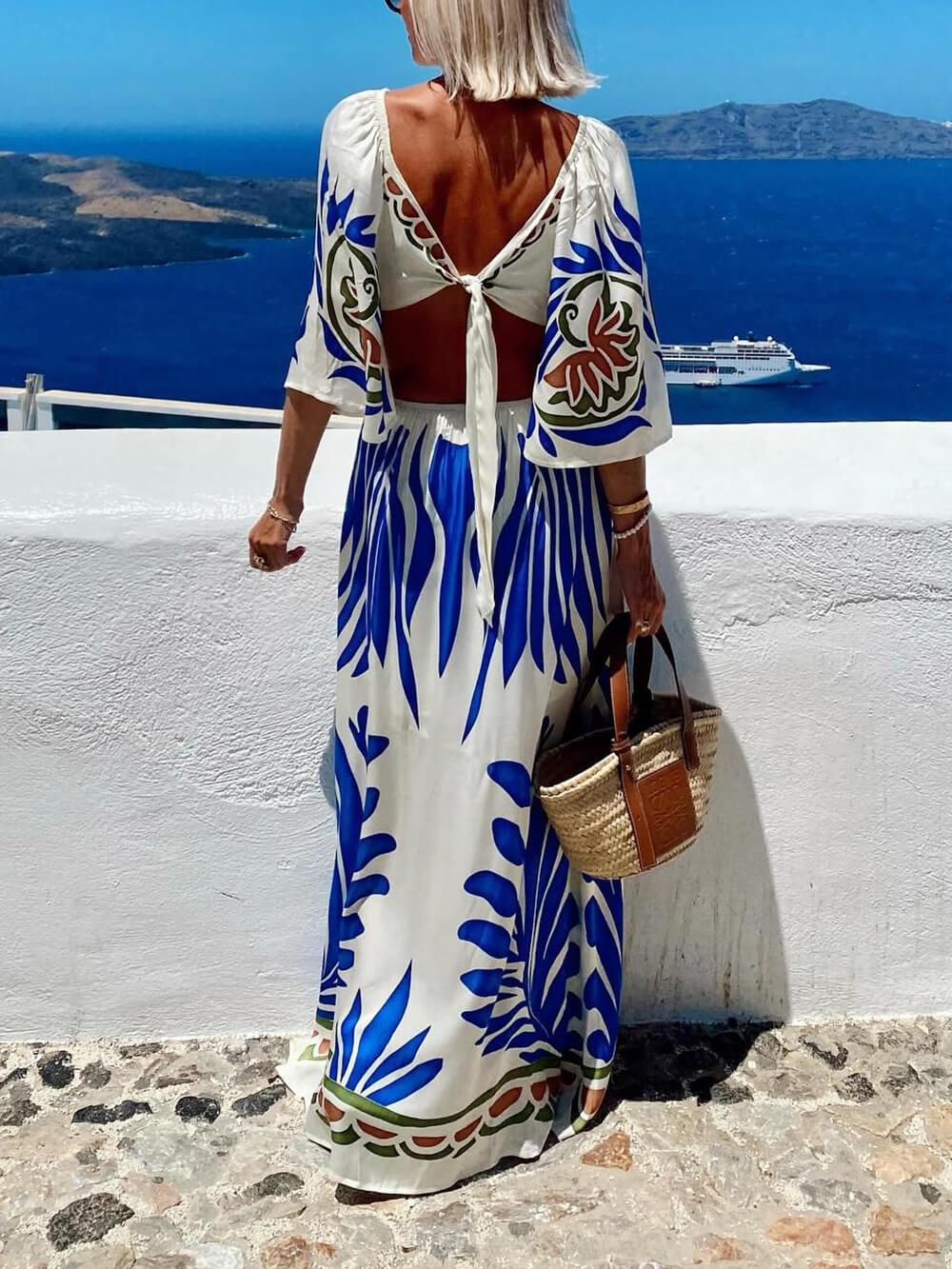 Aurohaya Elegant Floral Print Satin Flared Sleeve Maxi Dress