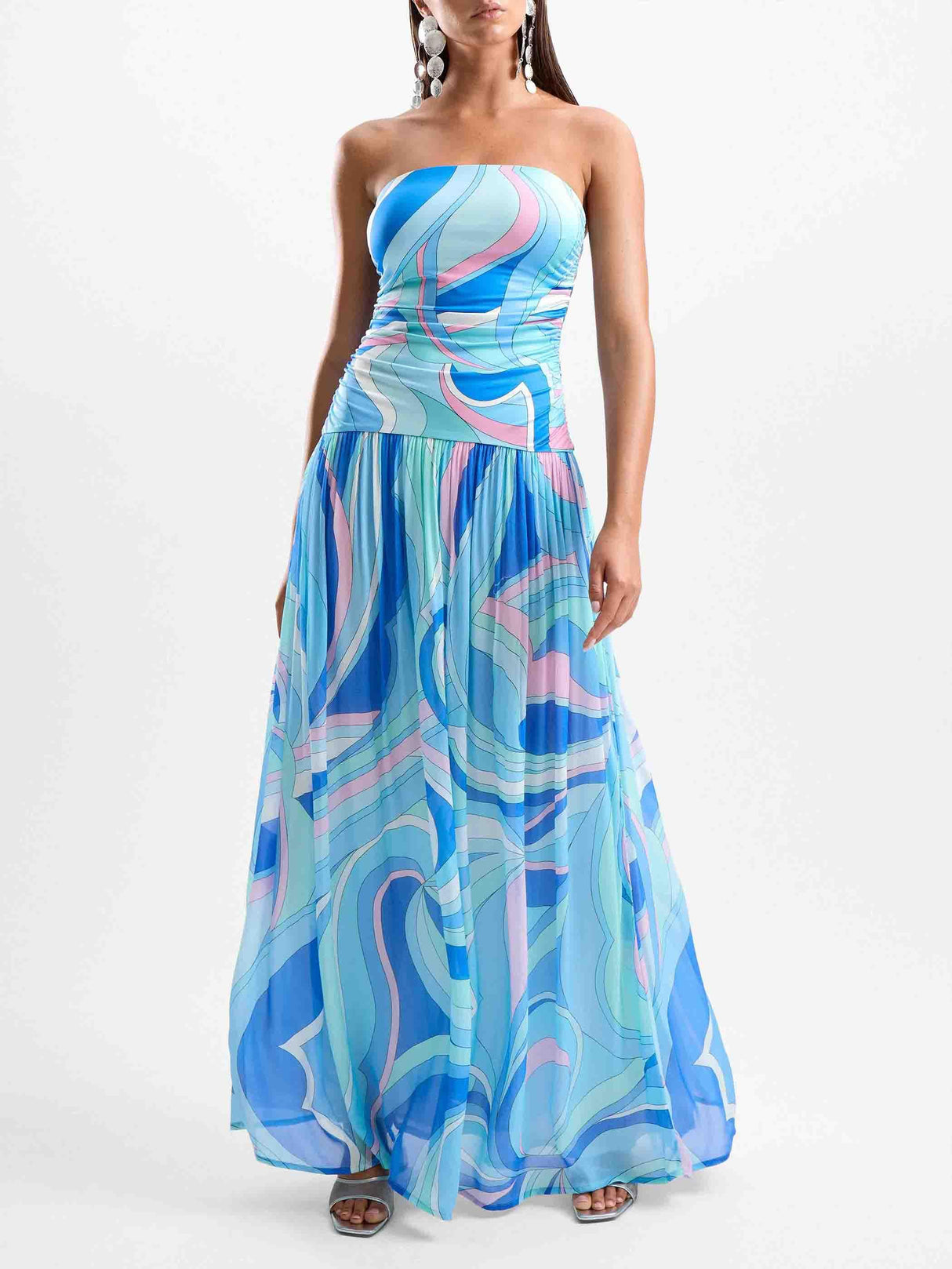 Aurohaya Exquisite Abstract Print Strapless Pleated Maxi Dress Blue