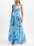 Exquisite Abstract Print Strapless Pleated Maxi Dress