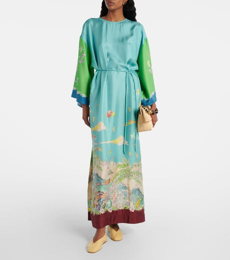 Aurohaya Unique Graphic Print Satin Lace-up Maxi Dress Green