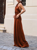 Elegant Low-waist Pleated Waist Satin Maxi Dress