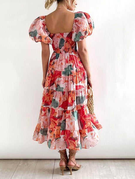 Aurohaya Floral Printed Smocked Tiered Fit Flare Midi Dress