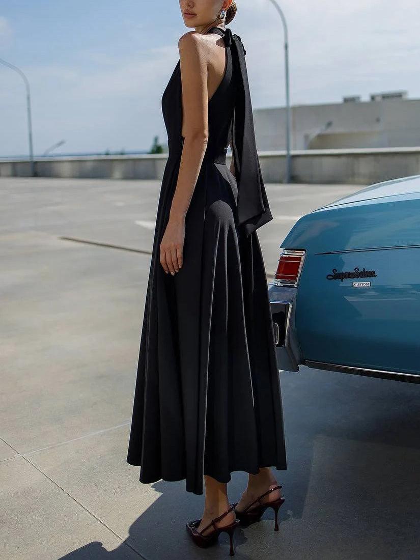 Aurohaya Elegant Halter Neck A-Line Midi Dress