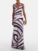 Exquisite Satin Print Halter Backless Maxi Dress