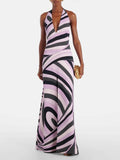 Exquisite Satin Print Halter Backless Maxi Dress