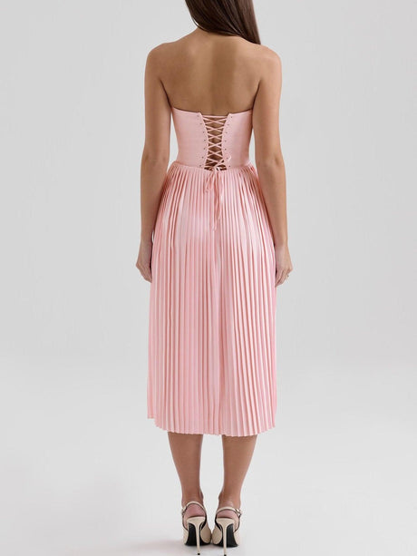 Aurohaya Elegant Strapless Pleated Midi Dress