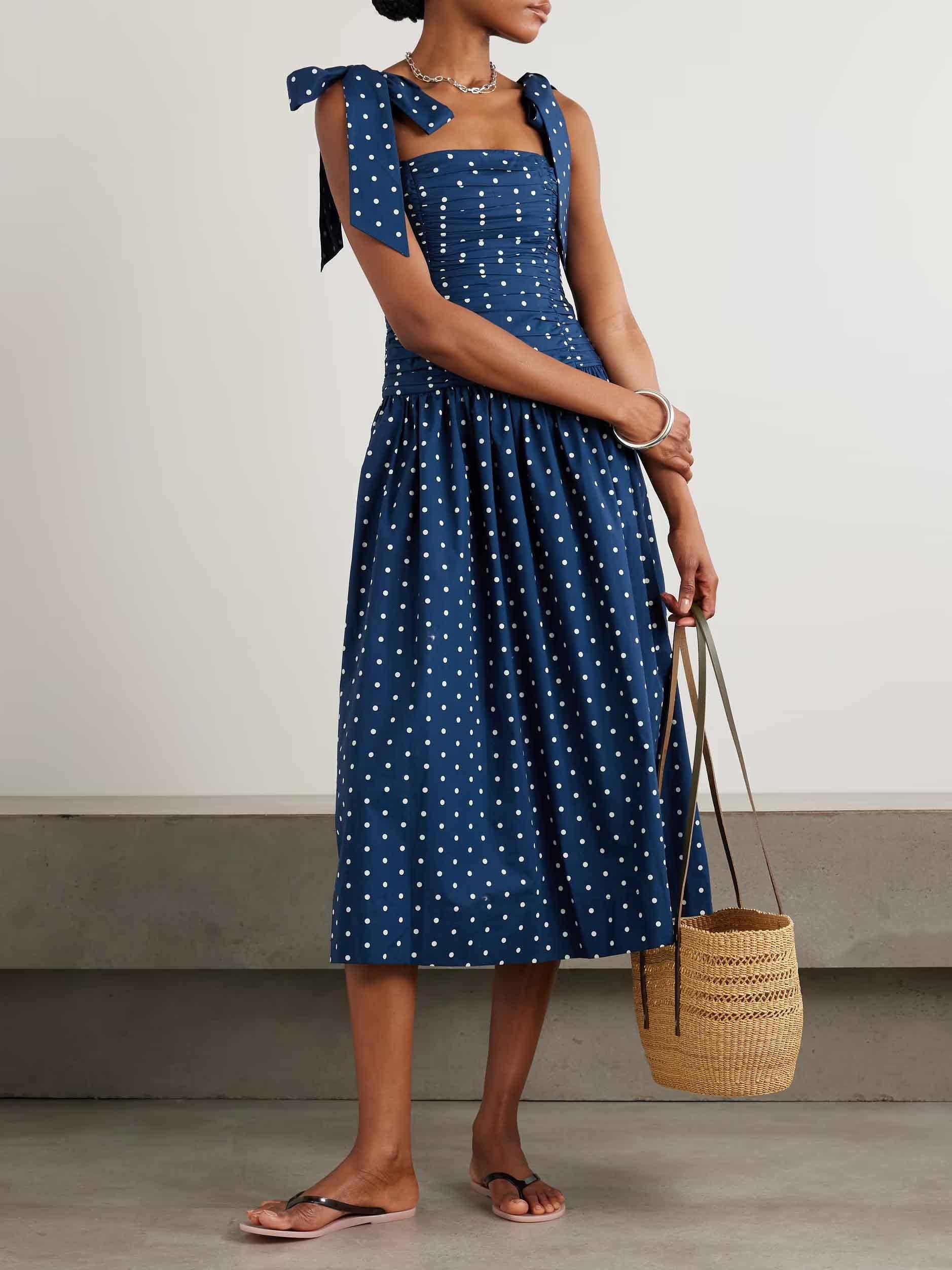 Aurohaya Retro Lace-up Pleated Polka Dot Midi Dress Blue